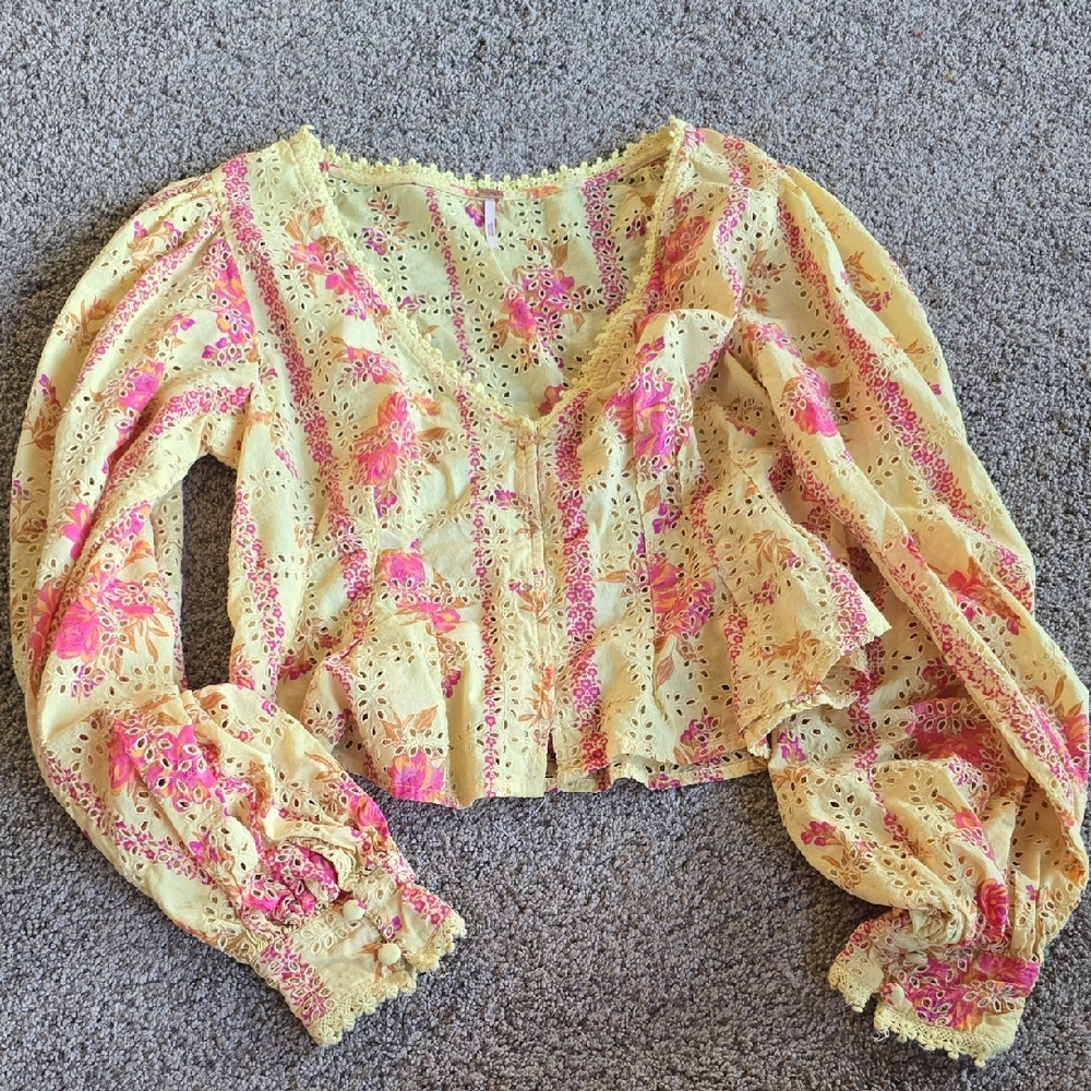 Free People Yellow and Pink Lace Blouse